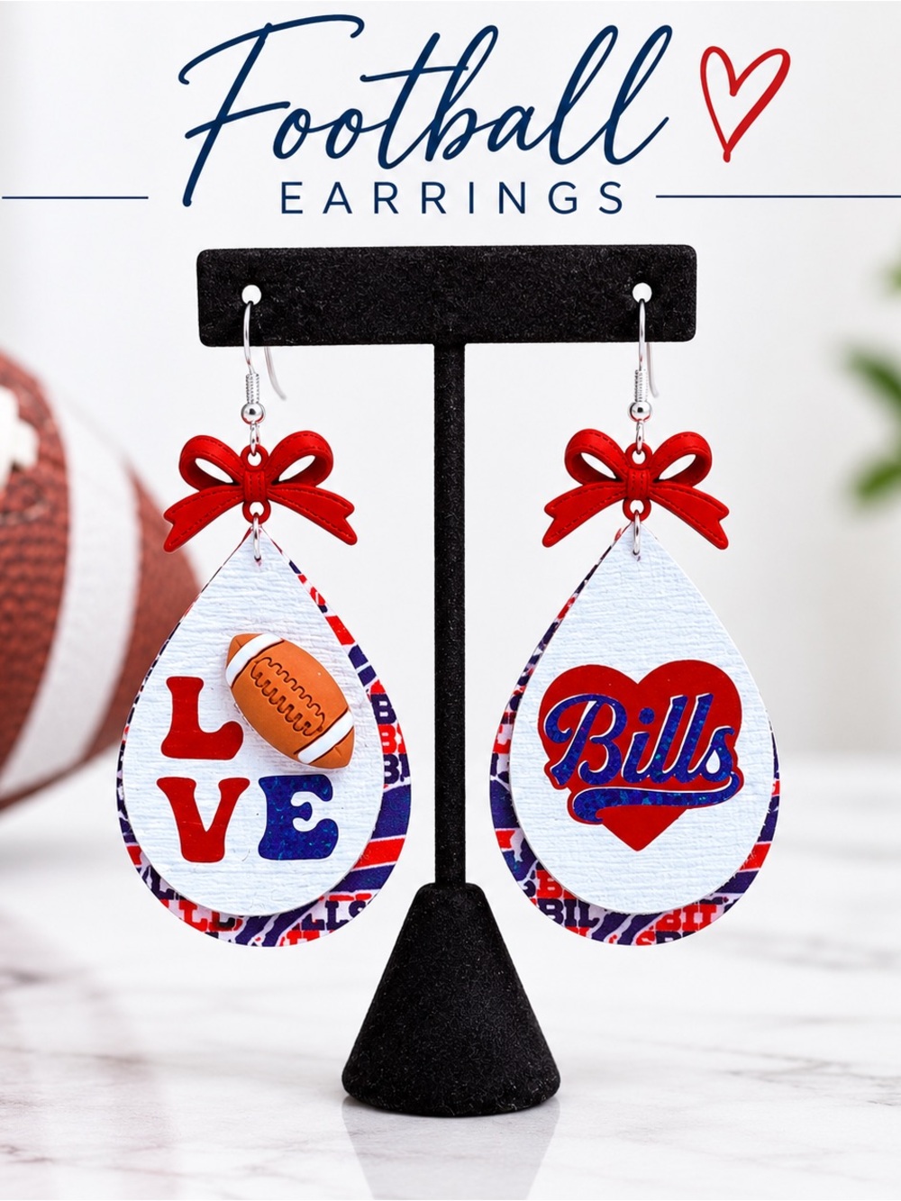 Bills Football Teardrop Earrings – Red, White & Blue Team Design